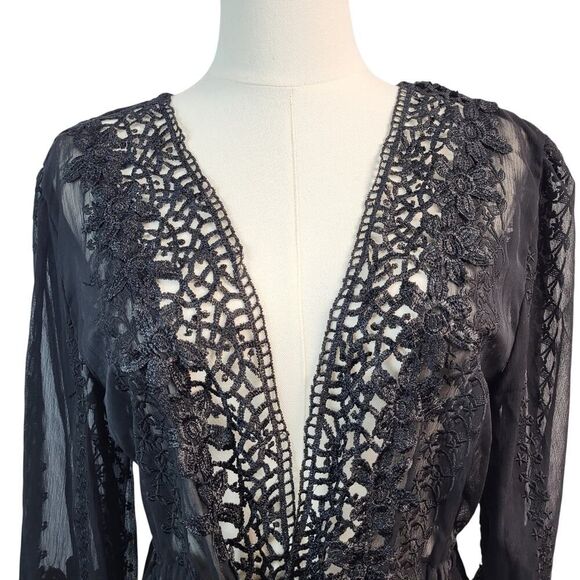 NEW POL Small Black Sheer Lace Lingerie Cover-Up / Robe / Wrap Tassel Embroidery - Picture 7 of 16